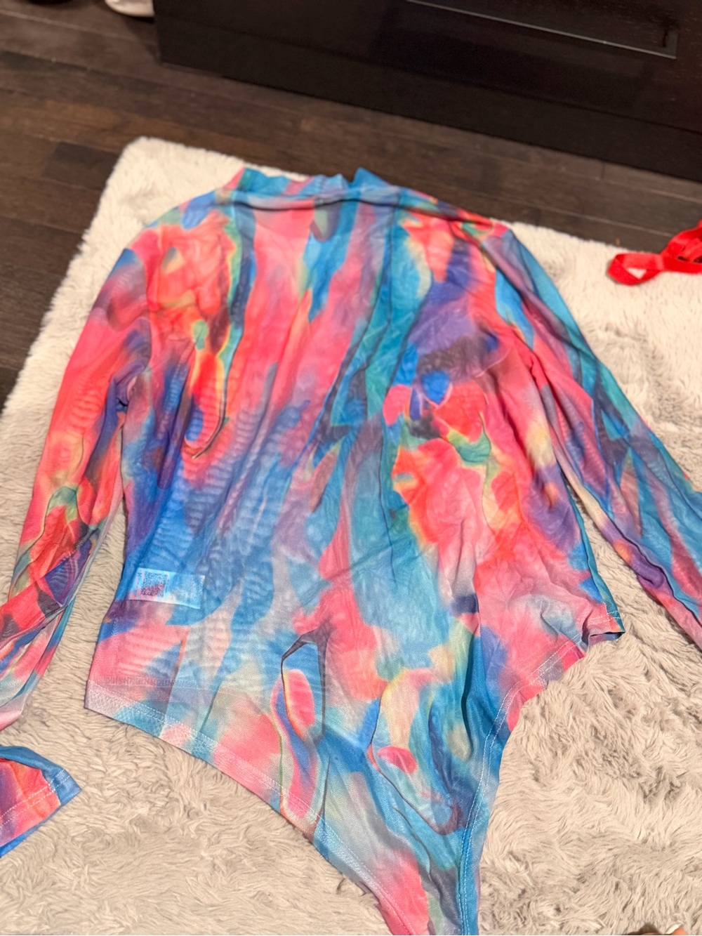 Women's Multicolor Mesh Long-Sleeve Bodysuit - Vibrant Tie-Dye Print